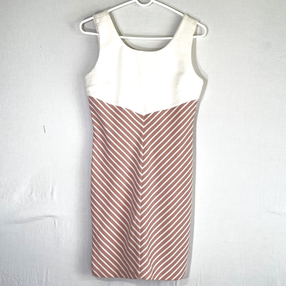 C. Luce Mauve/Ivory Sheath Style V Back Size Medium Striped Sleeveless Dress